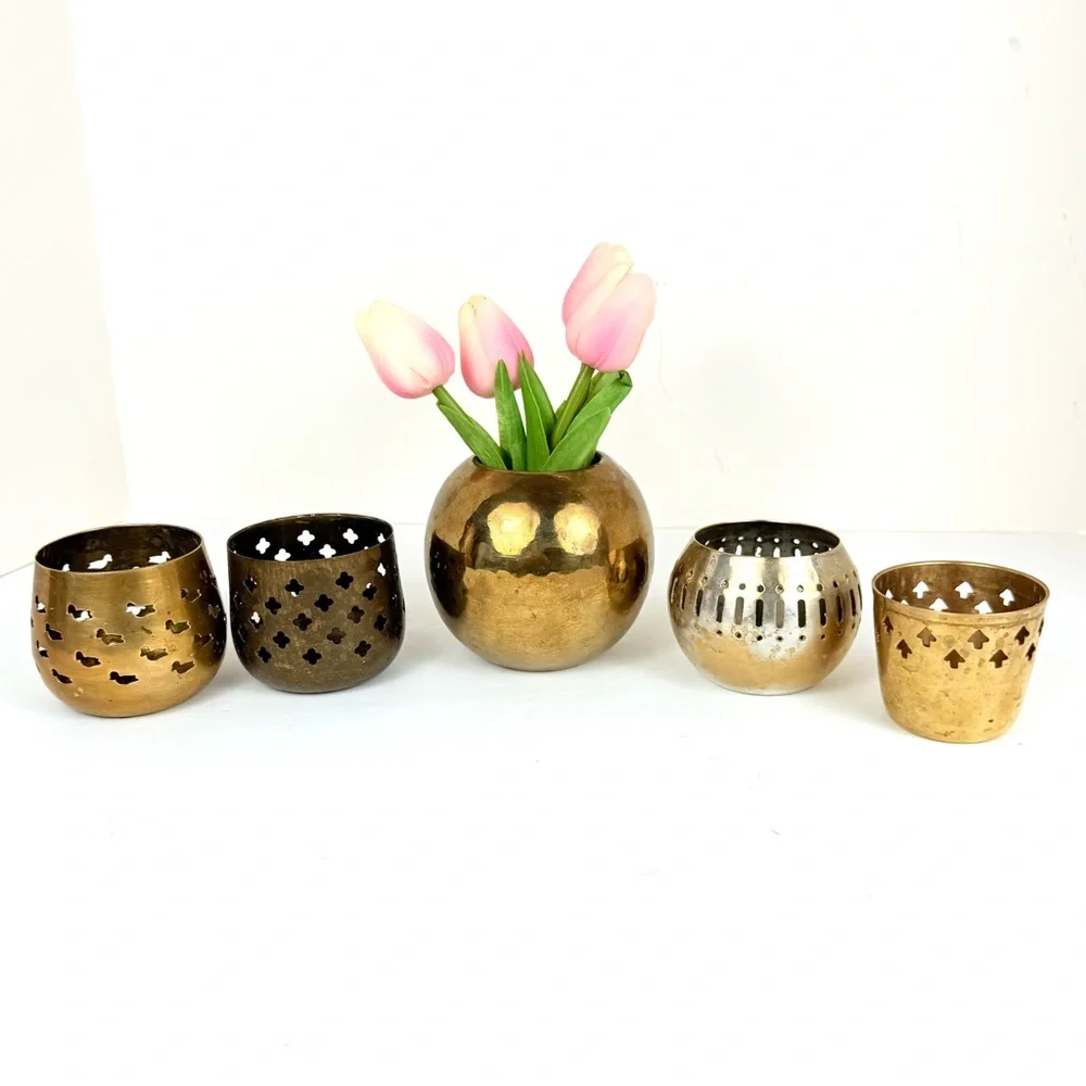 Set Of 5 India Brass Cut Out Candle Holders Lot Various Designs Clover, Duck, - Picture 10 of 11